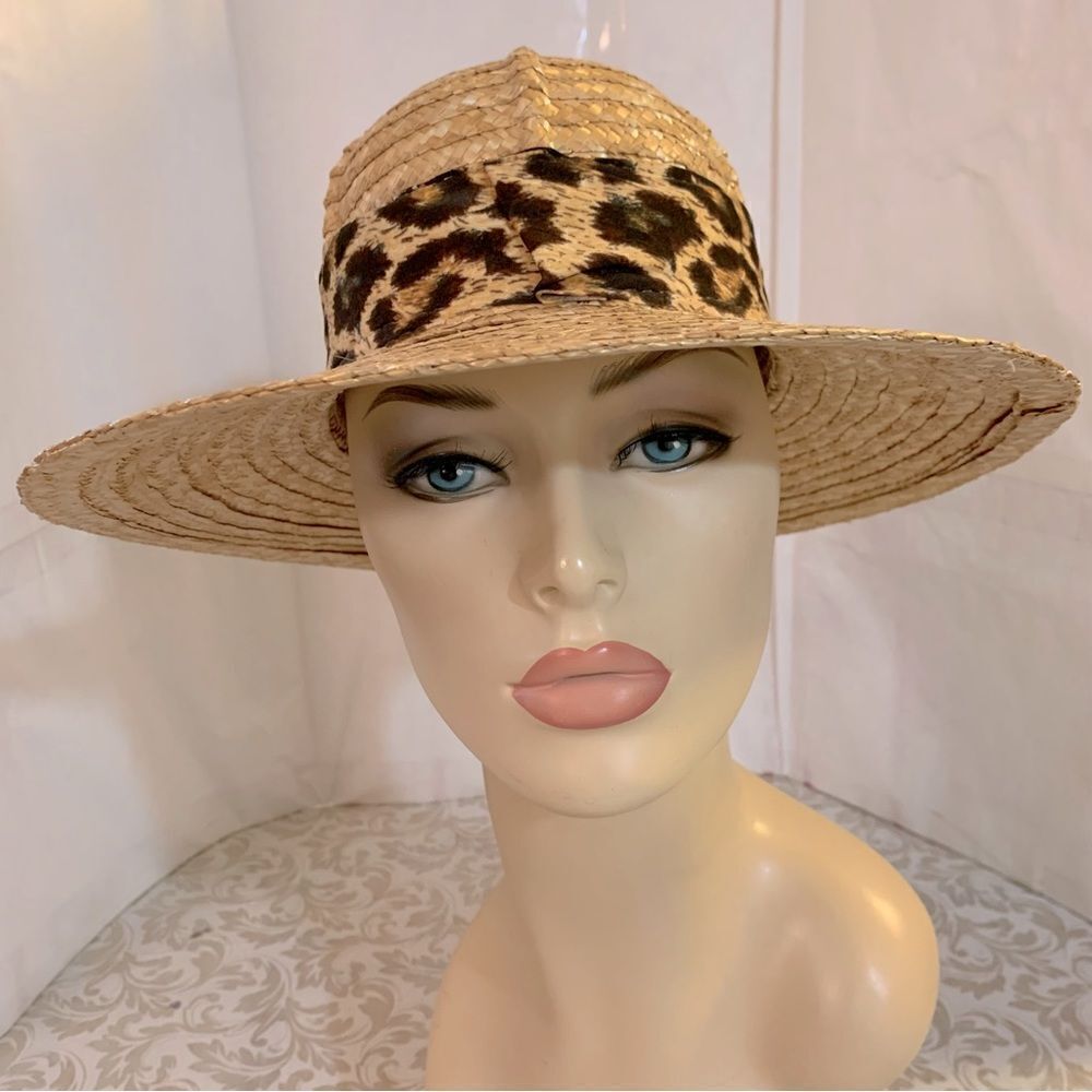 NWOT Jennifer Moore Safari Straw Hat w/ Animal Print Hatband OSFA made in Italy